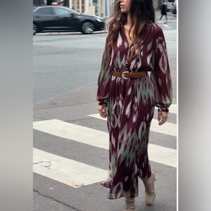 Zara - Burgundy Colorful Half Button Lined Long Sleeve Belted Maxi Dress Small